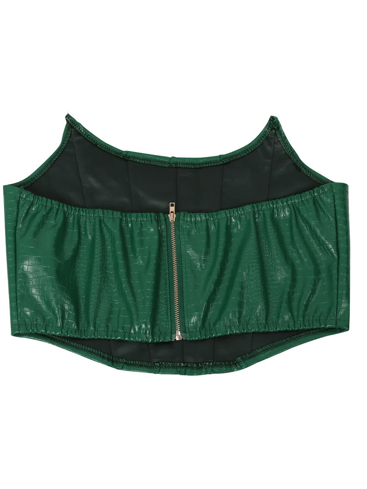 Beyprern Womens Green Corset Cut-Out Cargo Metallic Jumpsuits PU Leather Matching Set Sexy Clubwear 2 Piece Outfits 240619