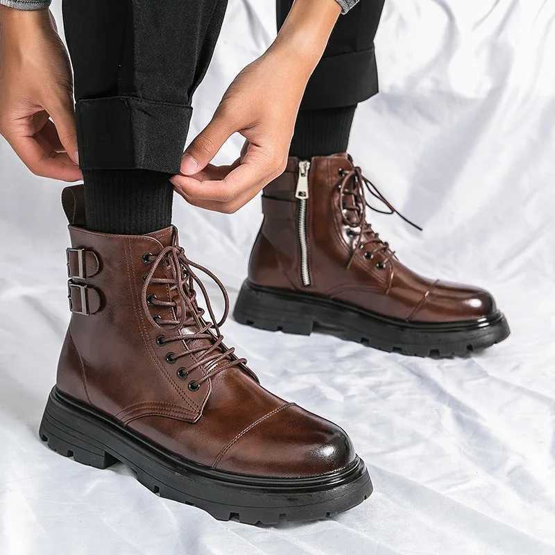 Boots Mens Boots 2023 Winter New Martin Short Boots Mid Barrel Round Head High Top Leather Boots Mens Shoes XW6.5