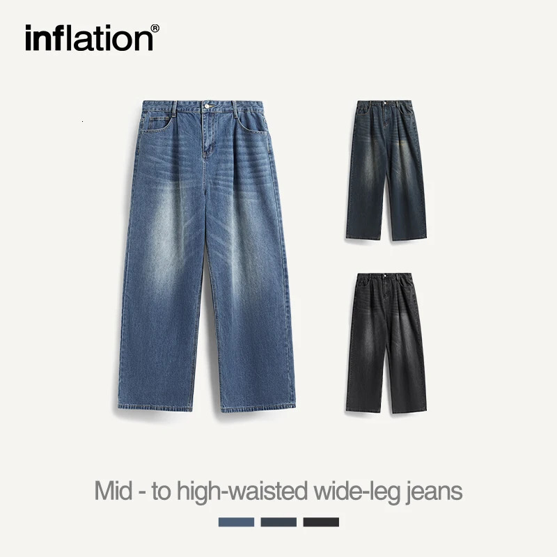 INFLATION High Street Wide Leg Jeans Men Washed Baggy Denim Trousers 240626