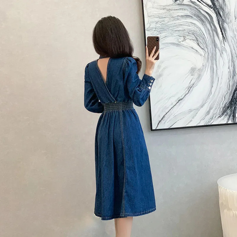 Womens Denim Dress Spring Autumn American Retro Long Sleeved Single Breasted A-line Dresses Temperament Slim Vestidos 240629