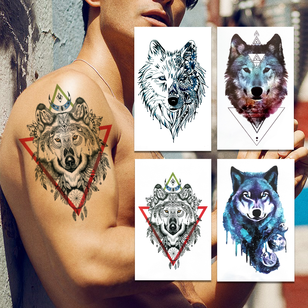 Dreamcatcher Henna Wolf Temporary Tattoos For Men Women Triangle Watercolor Coyote Tattoo Body Art Arm Chest Sketch Fake Tattoos