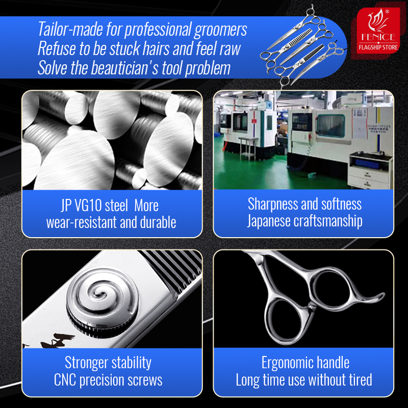 Fenice JPVG10 Steel 6.25/6.5//7/7.25/ Inch Dog Cutting Beauty Pet Dogs Grooming Scissors Straight Curved Thinner Chunker Shears