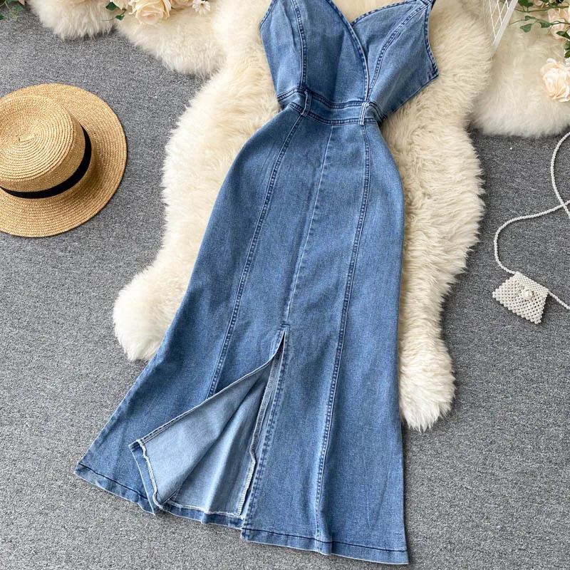 Summer Women Denim Dresses Sleeveless V-Neck Strap Jean Slim Fit Slit Long Dress S-5XL Plus Size Elegant Female Party Frock 240629