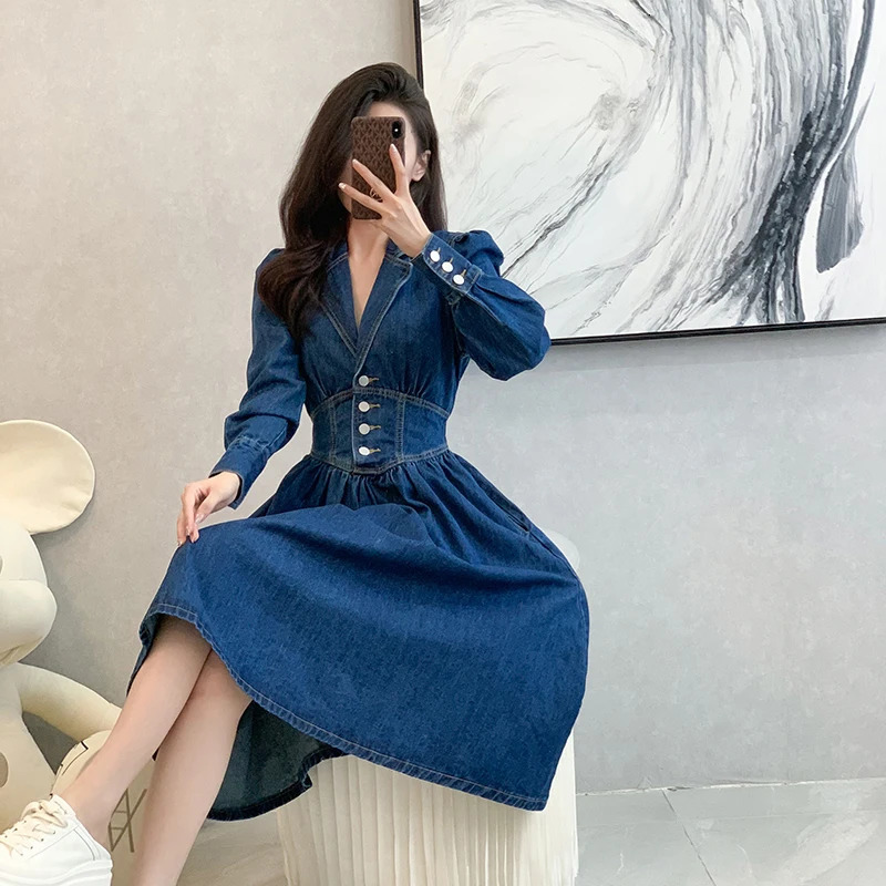 Womens Denim Dress Spring Autumn American Retro Long Sleeved Single Breasted A-line Dresses Temperament Slim Vestidos 240629
