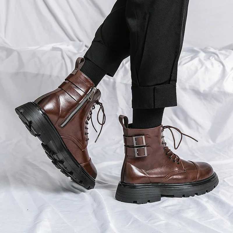 Boots Mens Boots 2023 Winter New Martin Short Boots Mid Barrel Round Head High Top Leather Boots Mens Shoes XW6.5