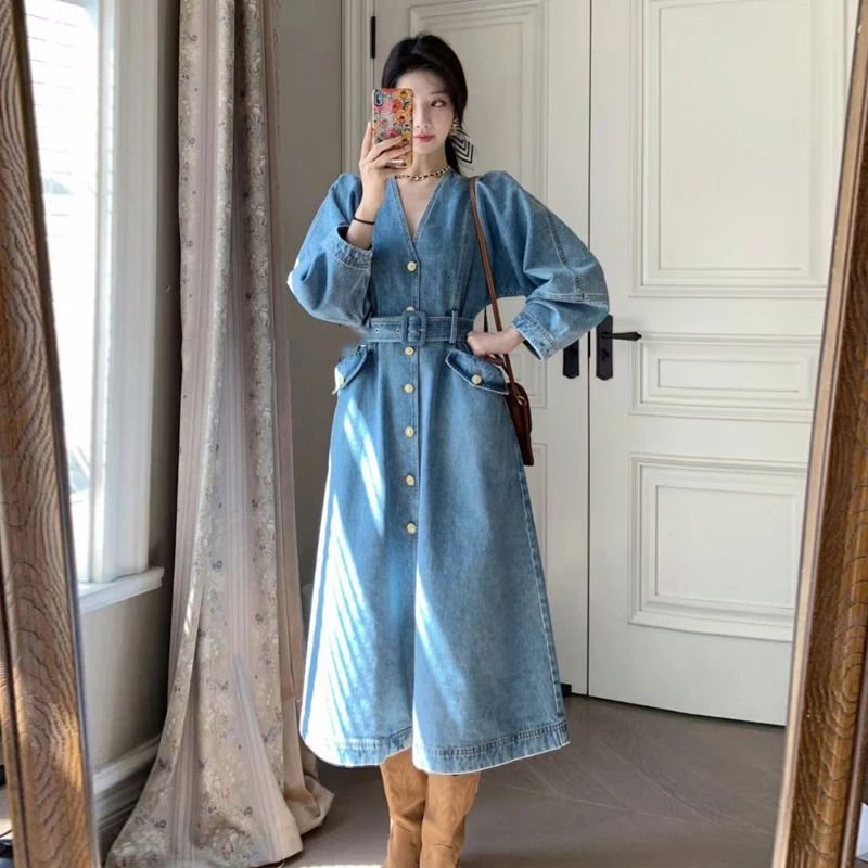 Vintage V-Neck Women Denim Dress Long Sleeve Loose A-Line Long Jean Dress French Style Elegant Female Vestidos 240629