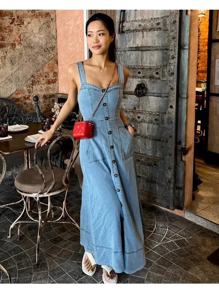 Denim Dress Women Summer Retro Casual All-match Dresses Female Single Button Elegant Casual A-Line Split Hem Dress 240629