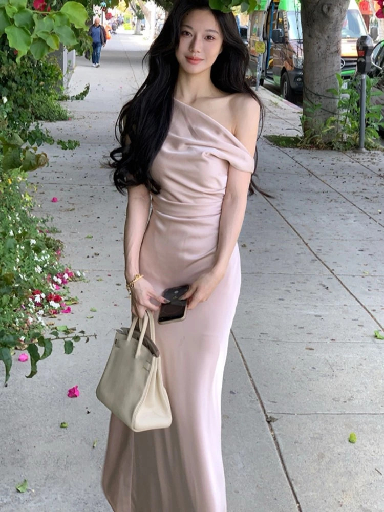 Elegant Bodycon Satin Long Dresses for Women Off Shoulder Solid French Mermaid Wedding Evening Party Dress Prom Robe Vestidos 240627