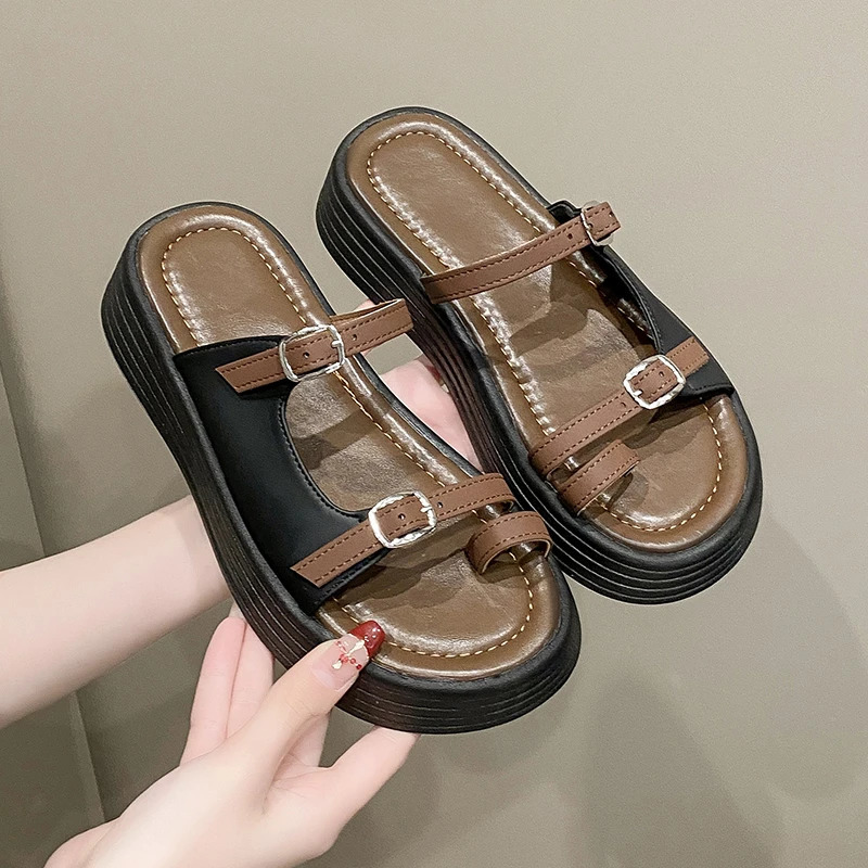 French Style Toe Ring Sandals for Women Factory Supply Korean Goddess Retro One-Step Drag Cool Slippers 240629