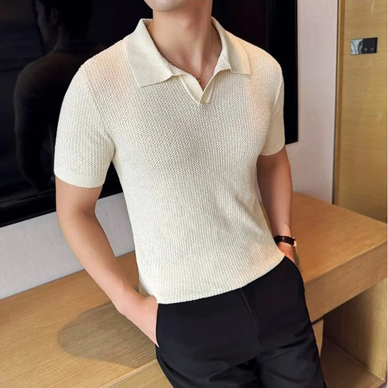 Summer Hollow Knitted Short Sleeved Polo shirt Mens Elasticity Mesh Casual T Shirt Male V Neck Slim Fit Breathable Polo Shirt 240629