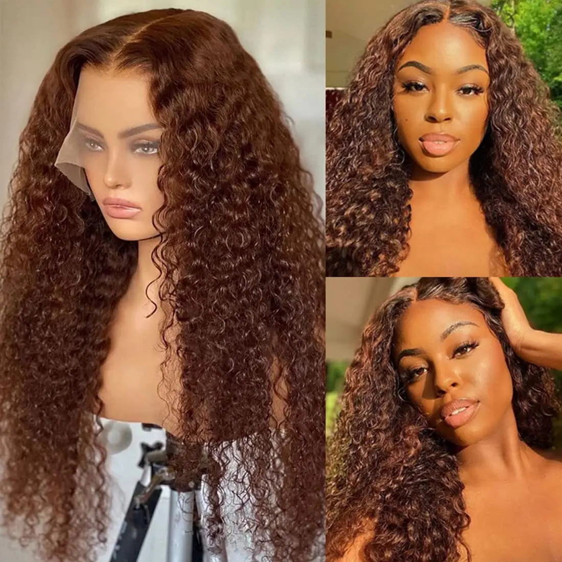 Chocolate Brown Deep Water Wave Lace Frontal Wig Brown Colored Curly Lace Front Human Hair Wigs For Women Pre Plucked 150% full natural HD