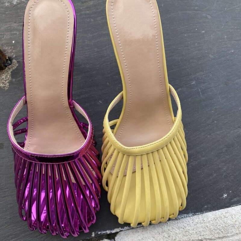 2024 Leather Mesh Hollow Sandals Square Head High 12Cm Thin Heel Fashion European American Outside Slippers 35-45