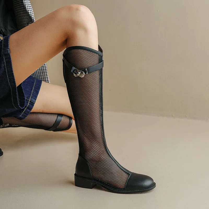 Leather Long Boots Mesh Breathable High Tube Summer Shoes Women Fashion Ladies Dress Hollow Low Heels Sandals Outdoor 240629