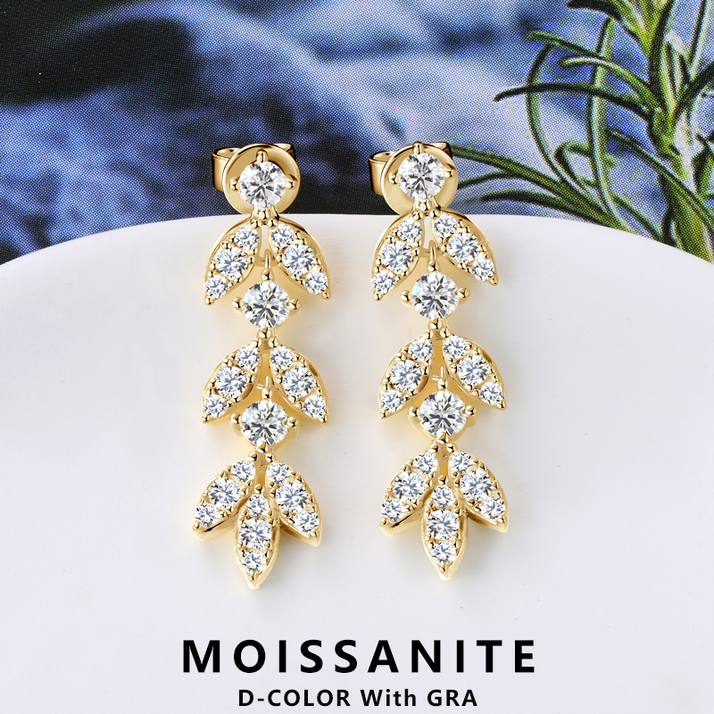 Lnngy 925 Sterling Silver Drop Earrings For Girls Long Tassel Leaf Shape Pave Setting Moissanite Earring 2023 Wedding Jewelry