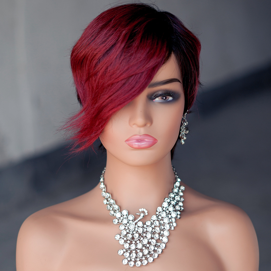 Europe and America Short Elfin Straight Simulation Human Hair Wigs With Bangs Full Lace Front Wigs For Black Women Glueless Fringe Wig Bangs