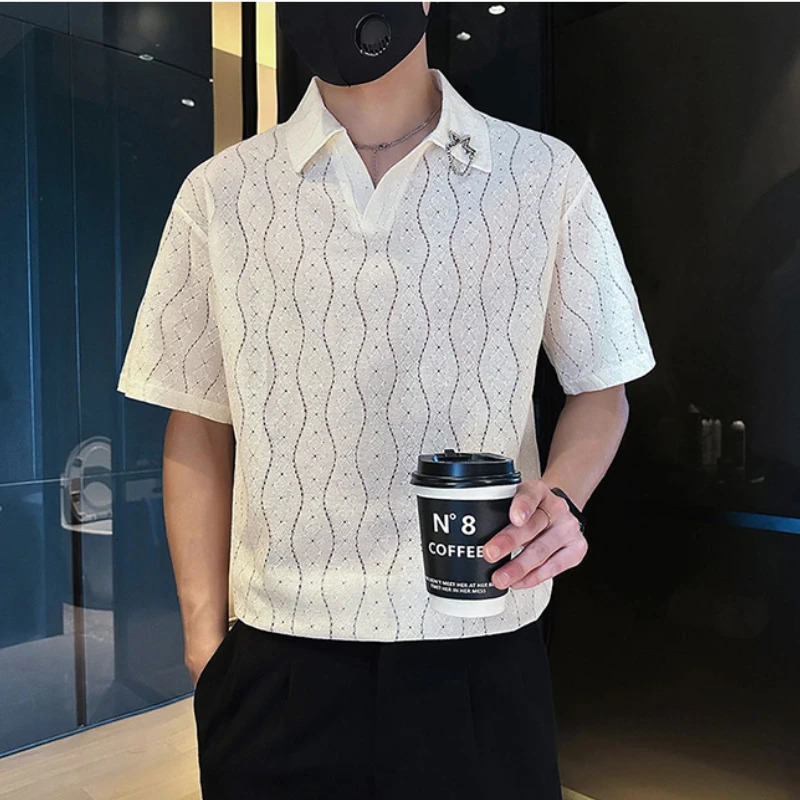High Quality Striped Polo Shirt Men Hollow Comfortable Polo Neck T-shirt Summer Short Sleeve Casual Social Streetwear Polo Shirt 240629