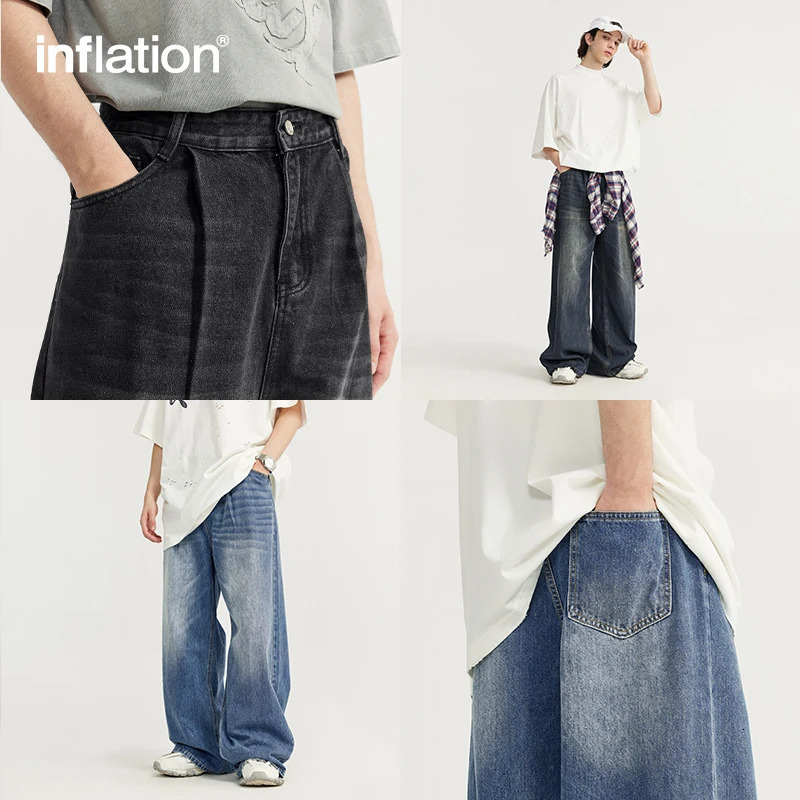 INFLATION High Street Wide Leg Jeans Men Washed Baggy Denim Trousers 240626