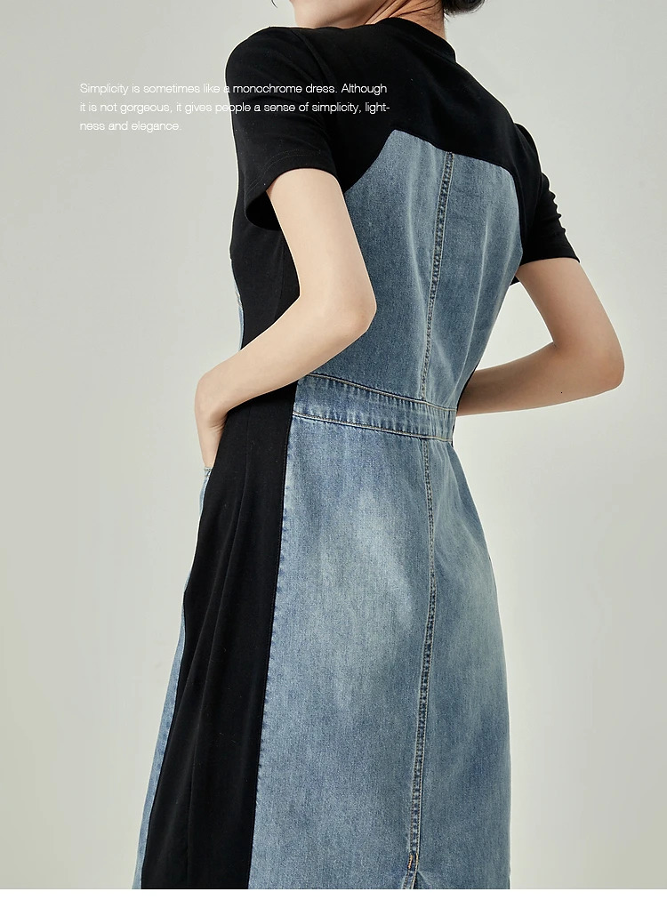 Summer Vintage Short Sleeve O-neck Patchwork Denim Mid Long Dresses Womens Causal Y2K High Waist High Street A-Line Dress 240629