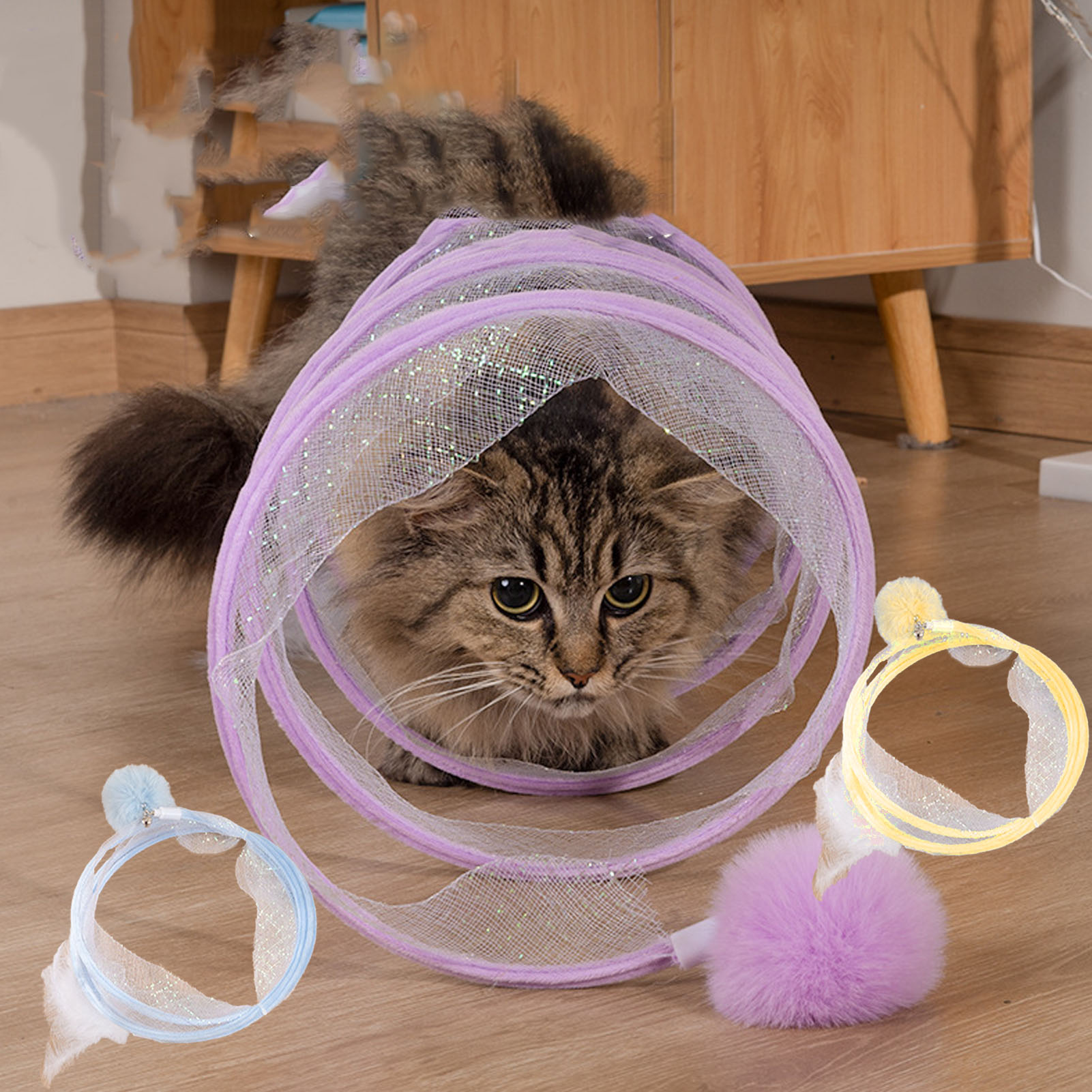 Folded Cat Tunnel With Rolling Ball Collapsible S Shape Interactive Pet Play Tunnels Tube For Home Indoor