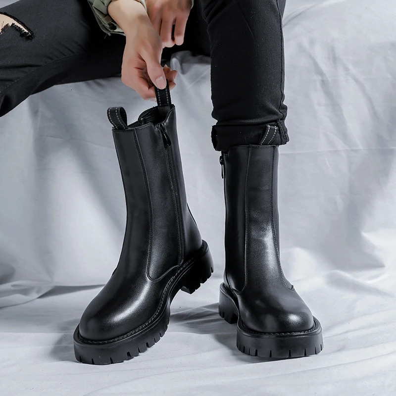 Platform Mens Boots Men Shoes British Style Side Zipper Wear-resistant Casual Boots Classic High-top Black Chelsea Boots 240629