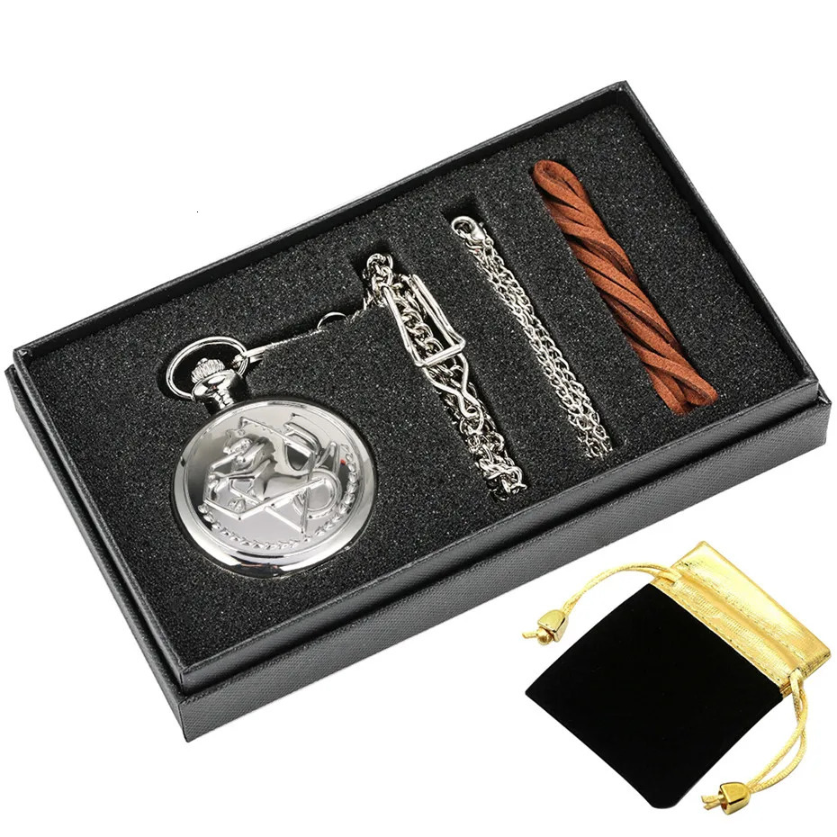Japanese Anime Fullmetal Alchemist Quartz Pocket Watch Pouch Box Set with Necklace Chains Present for Men Women Kids 240626