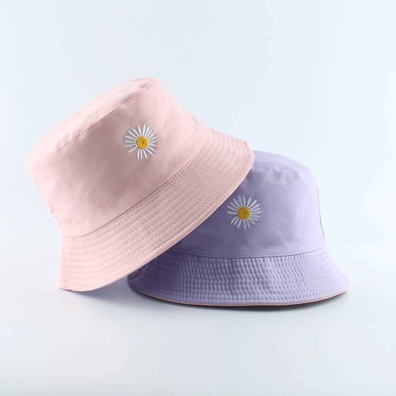 Wide Brim Hats Bucket Hats 2021 Spring Women Fishing Bucket Hat Panama Summer Sunscreen Sun Cap Flower Daisies Embroidery Reversible Fisherman Hat