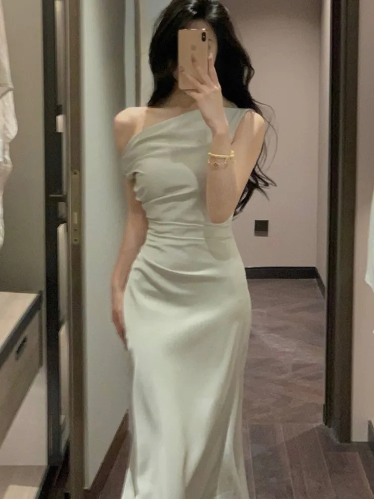 Elegant Bodycon Satin Long Dresses for Women Off Shoulder Solid French Mermaid Wedding Evening Party Dress Prom Robe Vestidos 240627