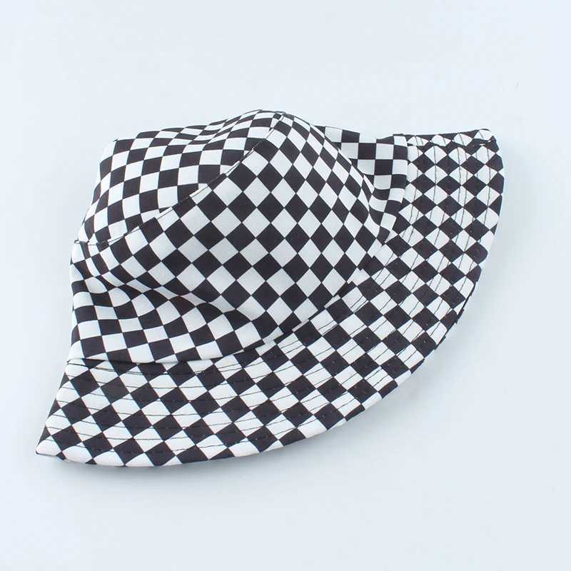 Wide Brim Hats Bucket Hats 2023 New Brand Black White Plaid Check Bucket Hats Fishing Caps Women Mens Reversible Fisherman Hat