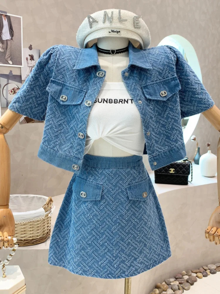 Summer Street Fashion Womens Suit With Skirt Denim Short Sleeve Top Sweet Girl Female Blue Plaid 2 Piece Set 240627