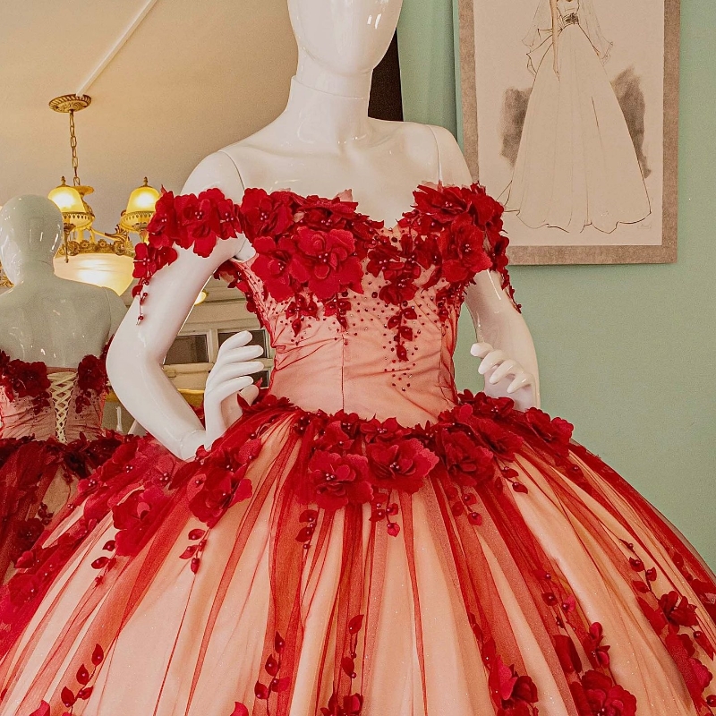 Mexican Red Vestido De 15 Anos Quinceanera Dresses Appliques wer Beads Crystal Tull Corset Sweet 16 Dress Abiti Da Cerimonia