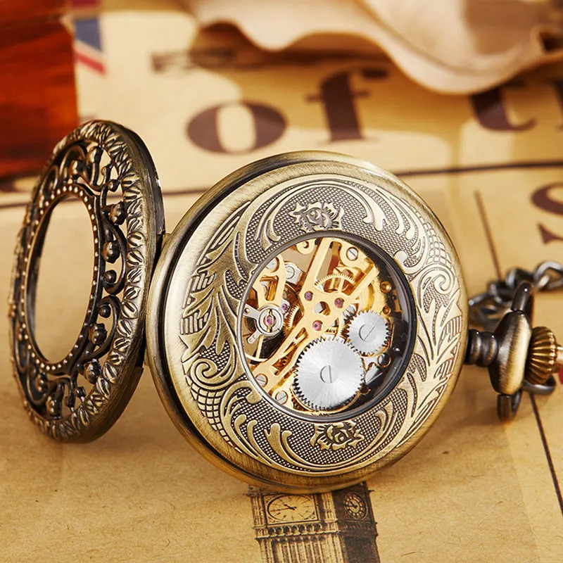 Retro Hollow Mechanical Pocket Watch With FOB Chain Gold Stars Skeleton Steampunk Vintage Mens Womens Hand Winding Pocket Watch 240626