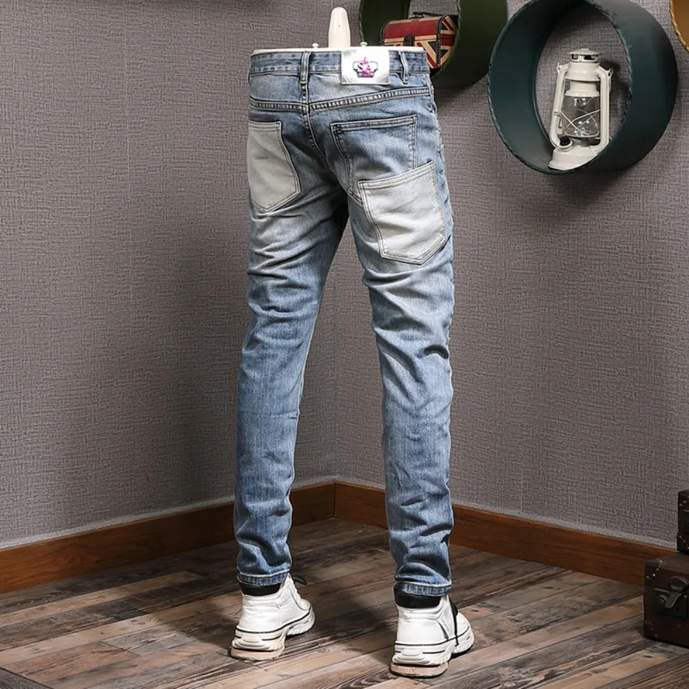 Autumn Winter Mens Retro Spliced Jeans Fashion Personalized Elastic Casual Pants y2k Clothes Men Baggy 240619