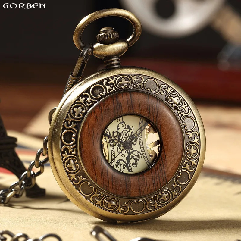 Retro Wood Circle Skeleton Pocket Watch Men Women Unisex Mechanical Hand-winding Vintage Roman Numerals Necklace Steampunk Watch 240626