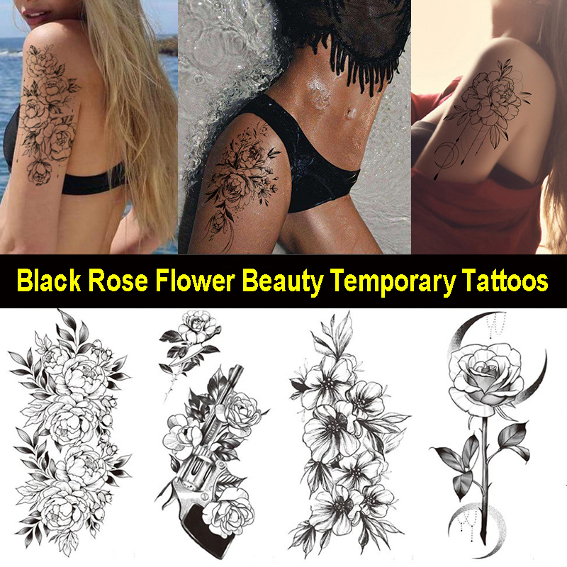 100 Sheets Wholesales Beauty Body Arm Temporary Tattoos Flash Art Black Flower Rose Women Sleeve Waterproof Fake Tatoo Sticker