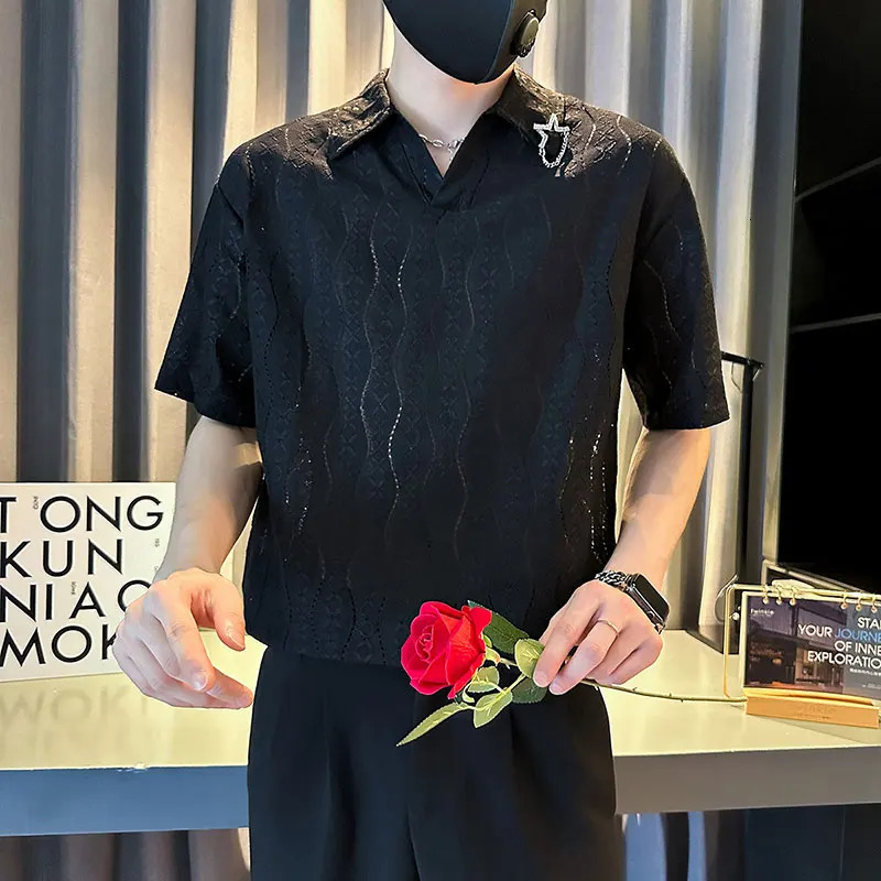 High Quality Striped Polo Shirt Men Hollow Comfortable Polo Neck T-shirt Summer Short Sleeve Casual Social Streetwear Polo Shirt 240629