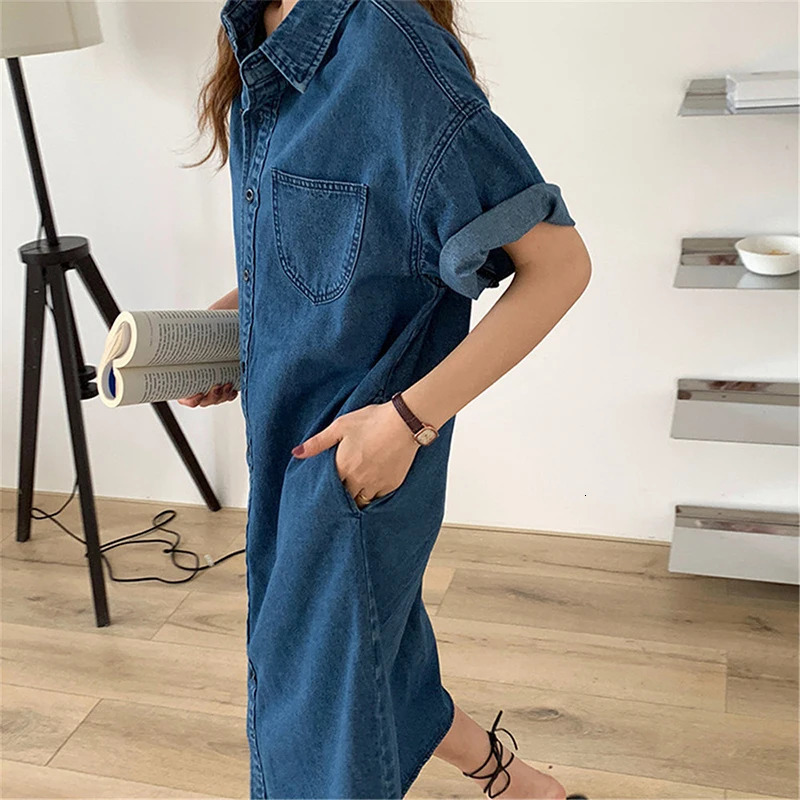 Vintage Blue Jeans Dresses Summer Women Shirts Vestidos Short Sleeve Button Up Pocket Loose Vacation Party MIDI Denim Dress 240629
