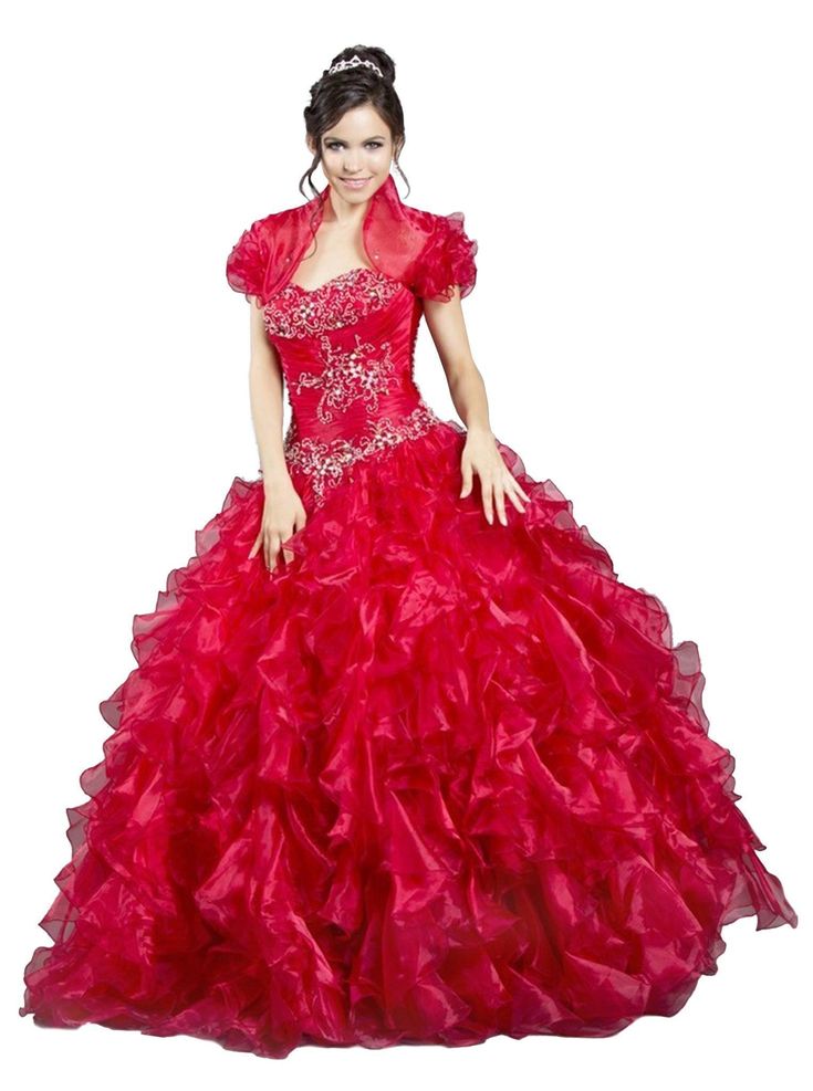 Pluffy Ruffles Red Organza Quinceanera Dresses With Short Jacket Puff Sleeves Embroidery Beaded Floor length Prom Party Gowns Sweet 16 Dress Celebrity