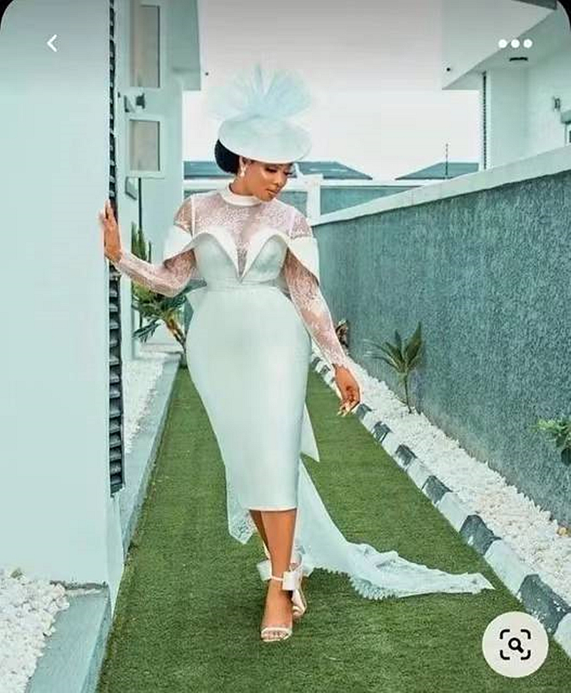 Modern Lace Sheath Wedding Dresses Tea Length Lace Long Sleeves Open Back High Collar Off Shoulder Elegant Wedding Gowns With Detachable Bow Train