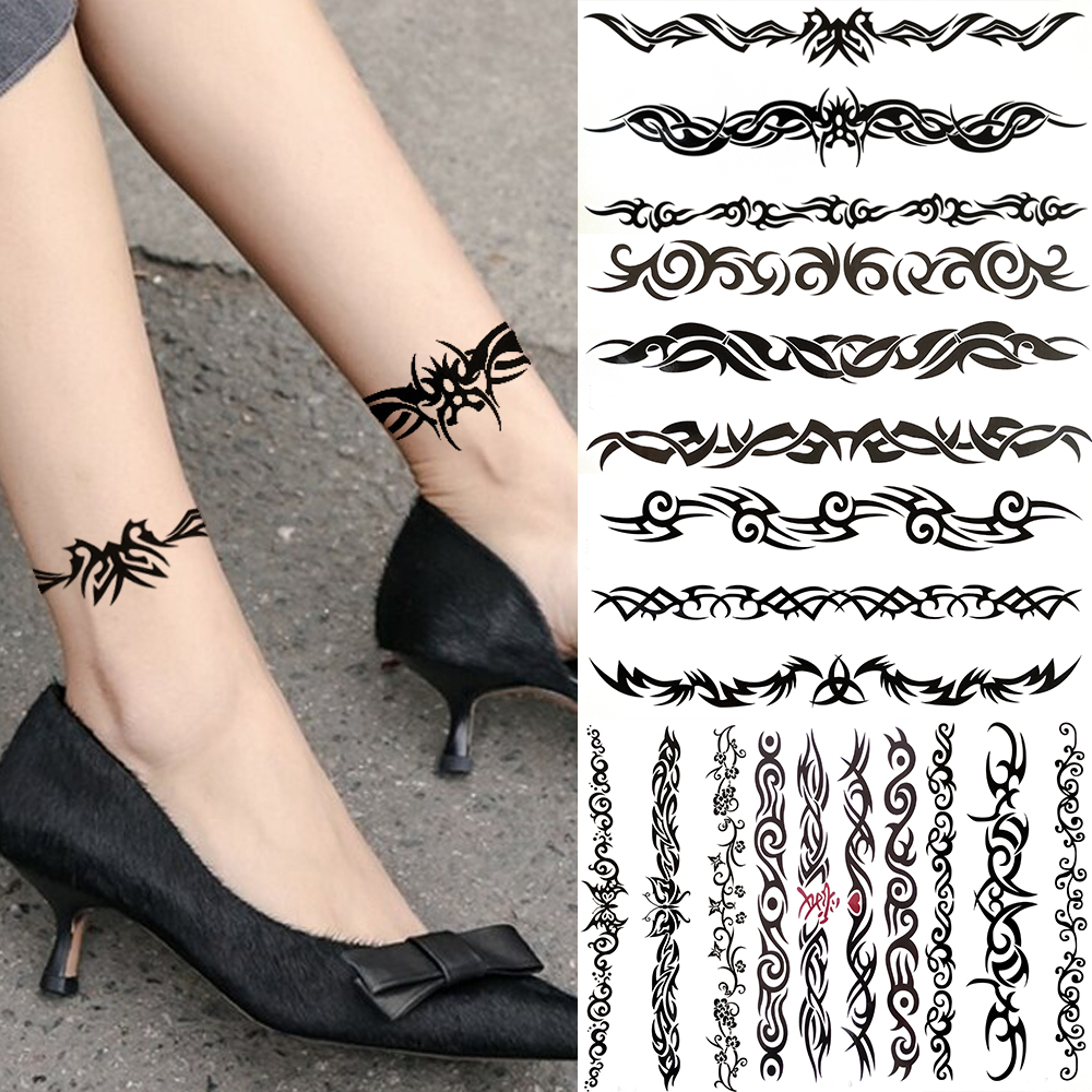 India Tribal Totem Temporary Tattoos For Women Men Adults Black Butterfly Fake Tattoo Sticker Vine Henna Tatoos Bramble Ankle