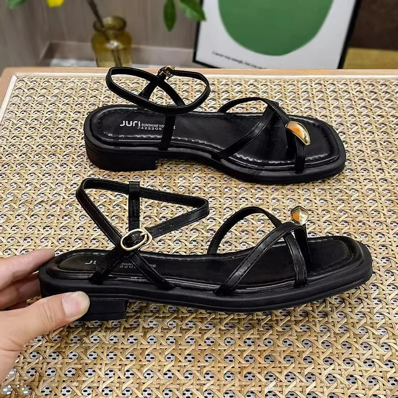Heeled Sandals Shoes Womens Black Beach Summer Girls Low Comfort Sports Casual Solid 240629