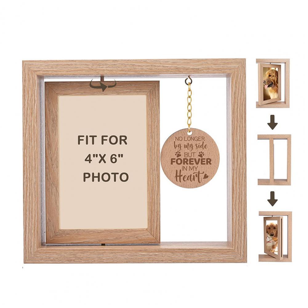 Pet Memorial Wooden Photo Frame Rotatable Double-sided No Longer by Side But Forever in My Heart 4x6-Inch Desktop Dog Cat Pic H260306