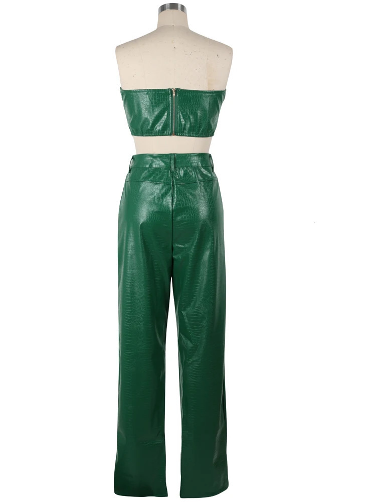 Beyprern Womens Green Corset Cut-Out Cargo Metallic Jumpsuits PU Leather Matching Set Sexy Clubwear 2 Piece Outfits 240619