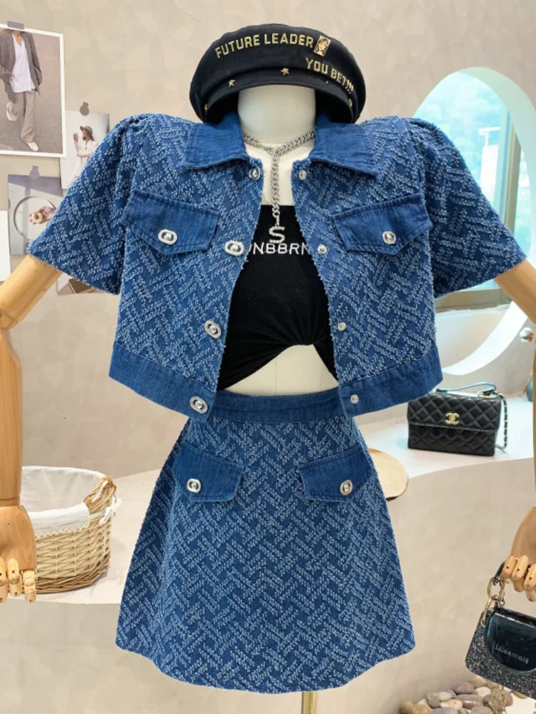 Summer Street Fashion Womens Suit With Skirt Denim Short Sleeve Top Sweet Girl Female Blue Plaid 2 Piece Set 240627