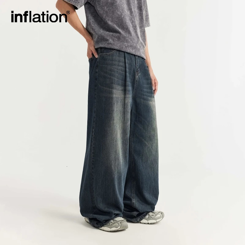 INFLATION High Street Wide Leg Jeans Men Washed Baggy Denim Trousers 240626