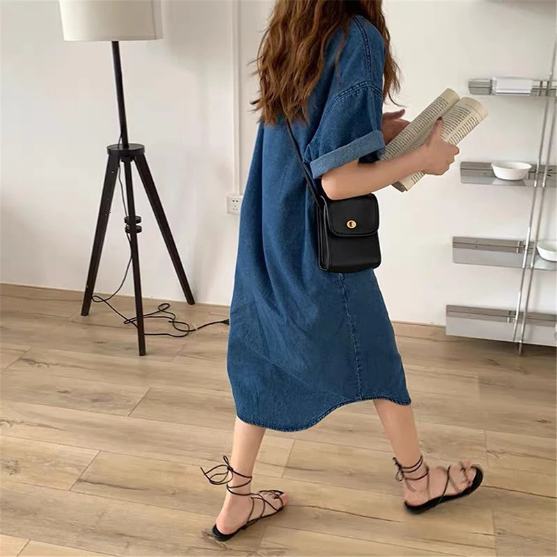 Vintage Blue Jeans Dresses Summer Women Shirts Vestidos Short Sleeve Button Up Pocket Loose Vacation Party MIDI Denim Dress 240629