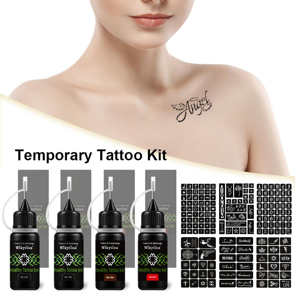 Temporary Tattoo Kit Semi-Permanent Tattoo Set with 171 pcs Free Tattoo Stencils Full Kit 4 Bottles (Black Red Brown)