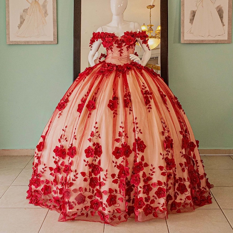 Mexican Red Vestido De 15 Anos Quinceanera Dresses Appliques wer Beads Crystal Tull Corset Sweet 16 Dress Abiti Da Cerimonia