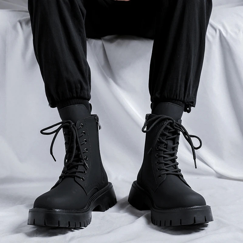 Trend Men Boots Black Sneakers Outdoor Fashion High Top Wholesale Punk Shoes for Men Casual Leather Street Style Ankle Boots Men 240629