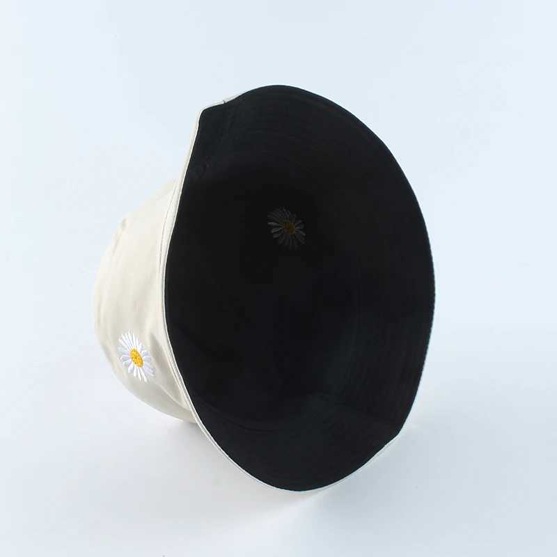 Wide Brim Hats Bucket Hats 2021 Spring Women Fishing Bucket Hat Panama Summer Sunscreen Sun Cap Flower Daisies Embroidery Reversible Fisherman Hat