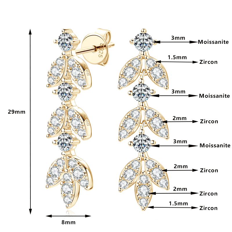Lnngy 925 Sterling Silver Drop Earrings For Girls Long Tassel Leaf Shape Pave Setting Moissanite Earring 2023 Wedding Jewelry